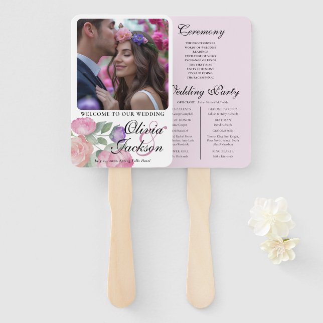 Éventail Boho Blush Floral Wedding Program Hand Fan (Devant et derrière)
