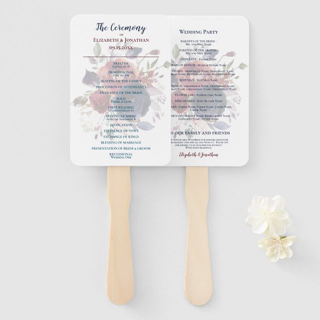Éventail Boho Burgundy Navy Mauve Floral Mariage (Devant et derrière)