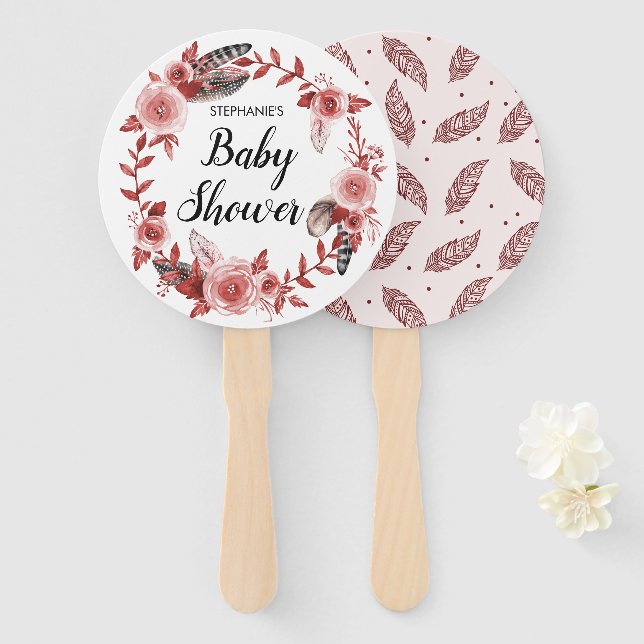 Éventail Boho Feather Bourgogne Rose Wreath Baby shower (Devant et derrière)