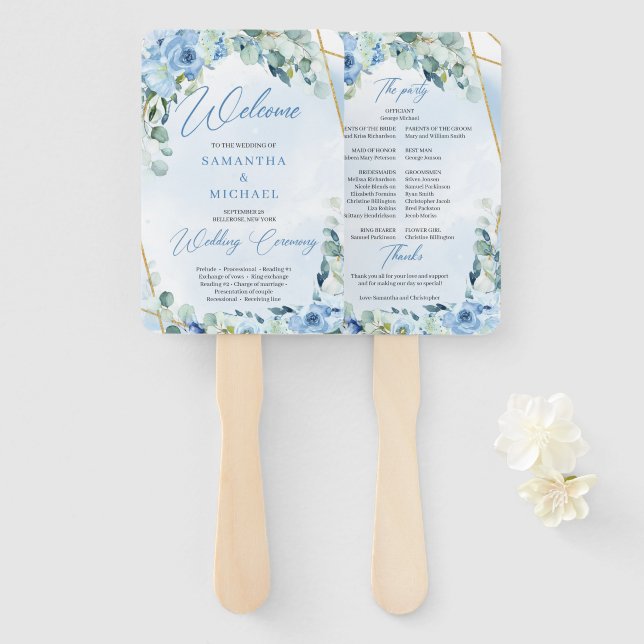 Éventail Boho fleurs bleu clair eucalyptus cadre or (Devant et derrière)