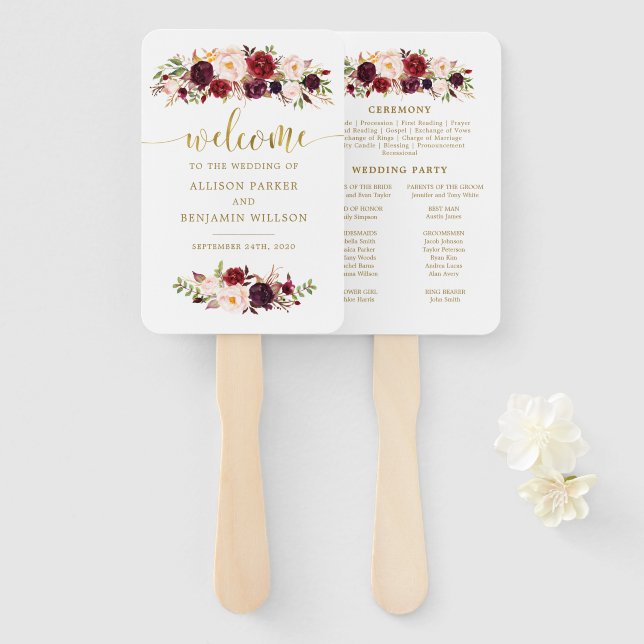 Éventail Boho Gold Marsala Floral Wedding Programme Fans (Devant et derrière)