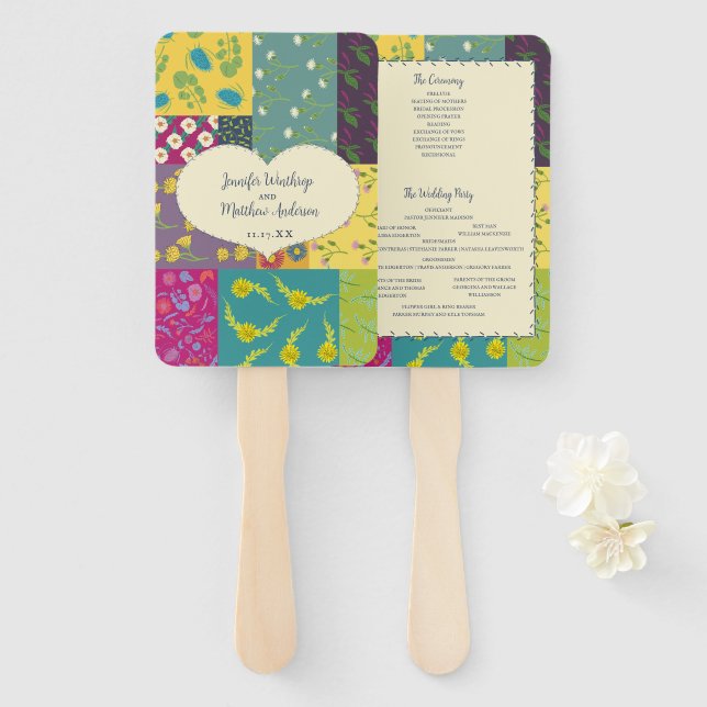 Éventail Boho Patchwork Quilt Maximalist Wedding Programme (Devant et derrière)