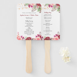 Éventail Boho Roses plumes Lumières Programme de mariage