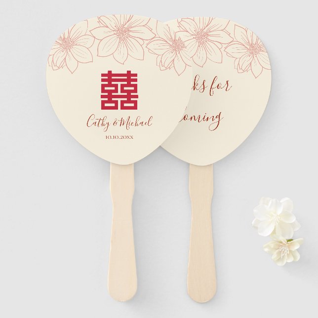 Éventail Boho rouge et beige floral mariage chinois (Devant et derrière)