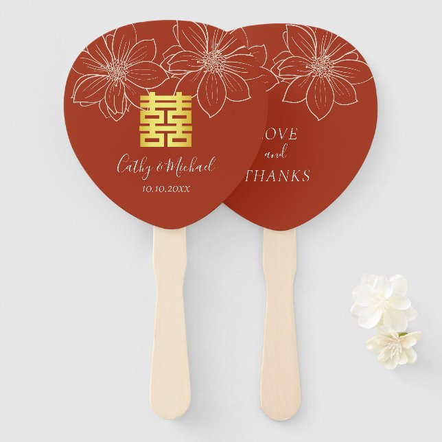 Éventail Boho rouge moderne floral mariage chinois (Devant et derrière)