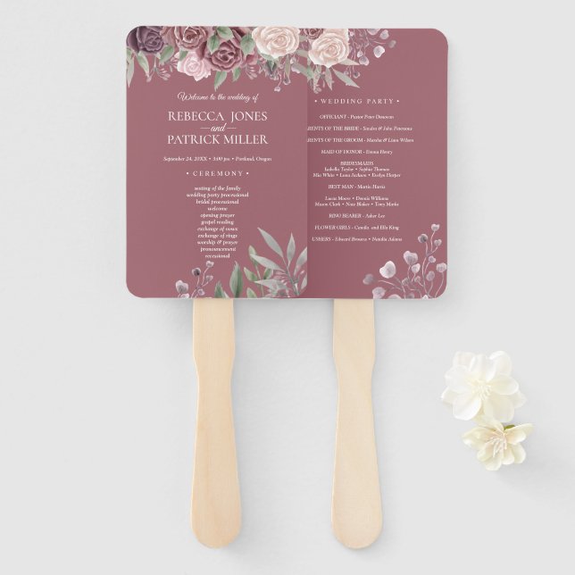 Éventail Boho Rustique Dusty Rose rose Fleurs Mariage (Devant et derrière)