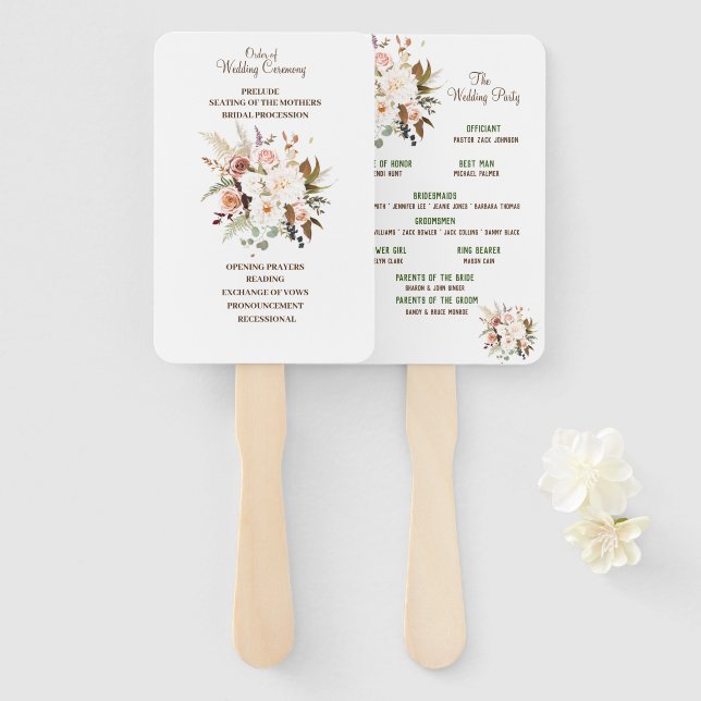 Éventail Boho Soft Coloured Rose Wedding Programme Fans (Devant et derrière)