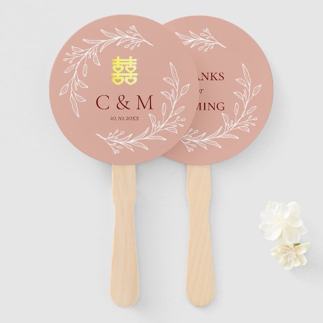 Éventail Boho teintée feuille rose wreath moderne mariage c (Devant et derrière)