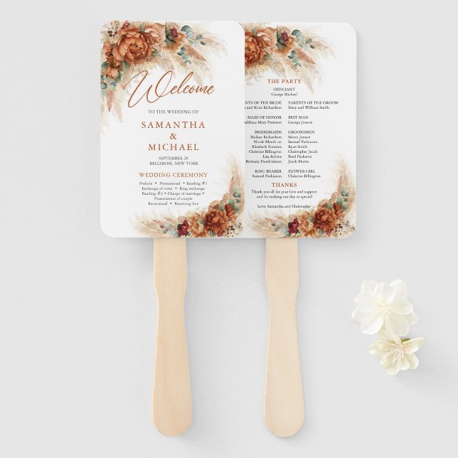 Éventail Boho tropical terre cuite à fleurs pampas mariage (Devant et derrière)