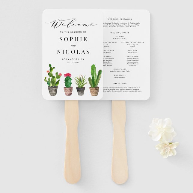 Éventail Boho Watercolor Succulents Cérémonie Mariage (Devant et derrière)