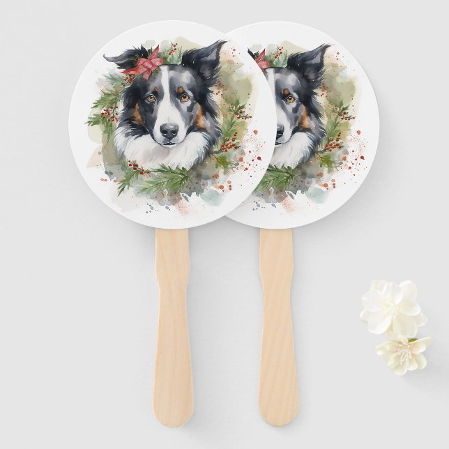 Éventail Bordure Collie Fête de Noël Wreath Pup (Devant et derrière)