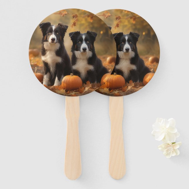 Éventail Bordure Collie Puppy Automne Citrouille de plaisir (Devant et derrière)