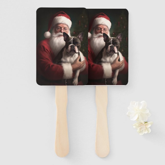 Éventail Boston Terrier avec Noël Festif du Père Noël (Devant et derrière)
