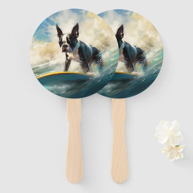 Éventail Boston Terrier Beach Surfing Peinture (Devant et derrière)