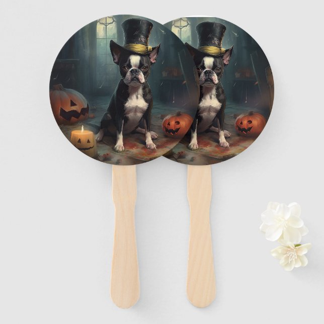 Éventail Boston Terrier Citrouille Halloween effroi (Devant et derrière)