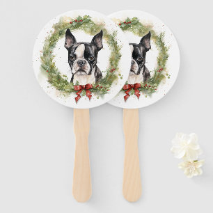 Éventail Boston Terrier Noël Wreath Festive Pup