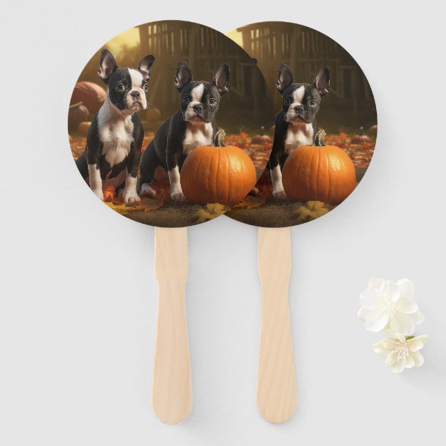 Éventail Boston Terrier Puppy Automne Citrouille de plaisir (Devant et derrière)