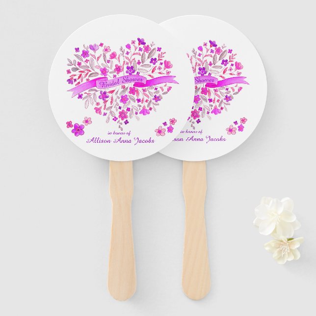 Éventail Bouquet de coeur violet rose nuptiale (Devant et derrière)