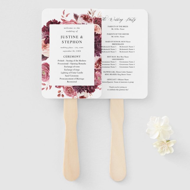Éventail Bourgogne et rose pâle 8B Programme de mariage Ven (Devant et derrière)