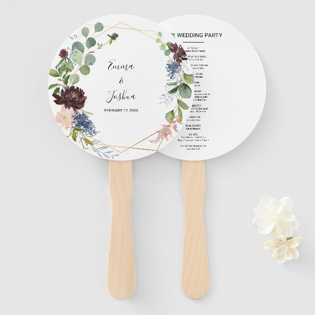Éventail Bourgogne Floral et Mariage de verdure (Devant et derrière)