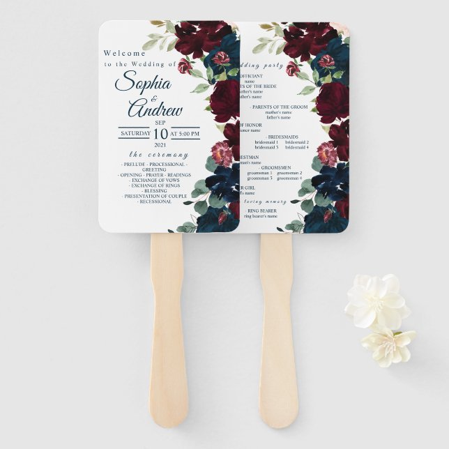 Éventail Bourgogne & Marine Blue Flowers Mariage Ensemble d (Devant et derrière)