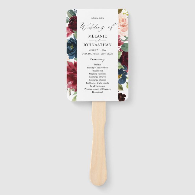 Éventail Bourgogne & Marine Pink Blush Floral Wedding Progr (Devant)