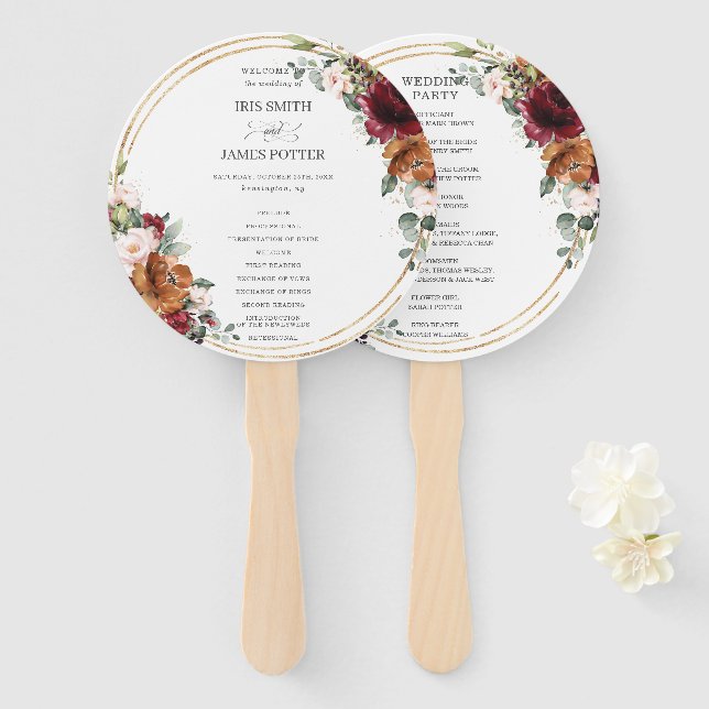 Éventail Bourgogne Orange Ivory Floral Gold Wedding Program (Devant et derrière)