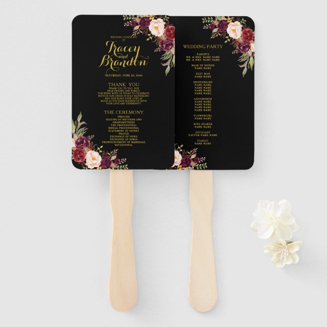 Éventail Bourgogne Red Floral Black Gold Wedding Programme (Devant et derrière)