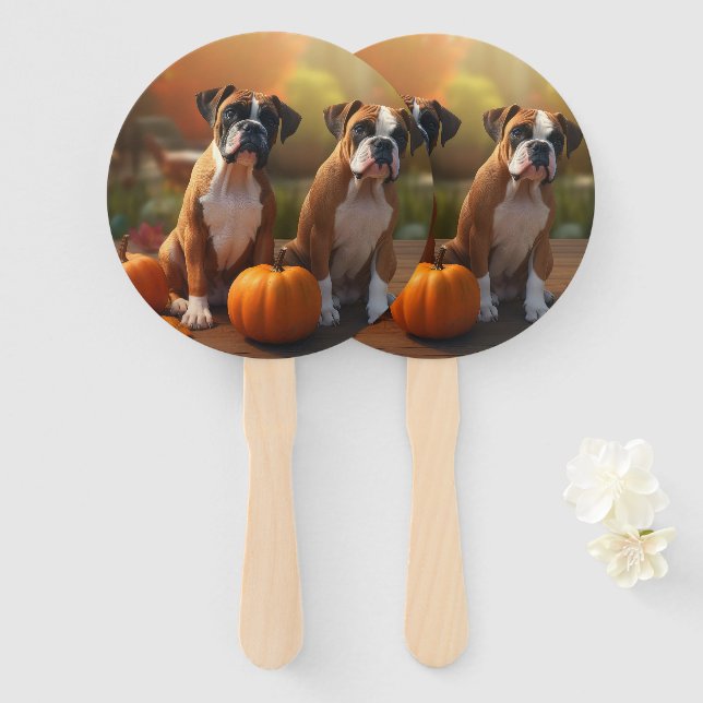 Éventail Boxer Chiot Automne Citrouille de plaisir (Devant et derrière)