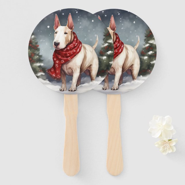 Éventail Bull Terrier Chien à Noël de neige (Devant et derrière)