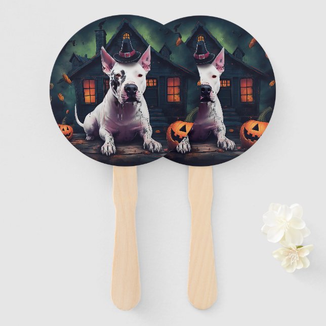 Éventail Bull Terrier Citrouille Halloween effroi (Devant et derrière)