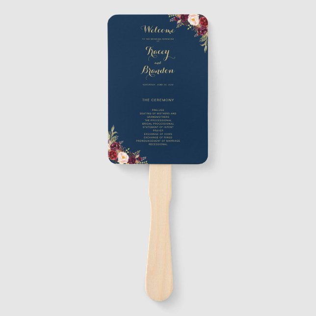Éventail Burgundy Rouge Floral Marine Bleu Mariage de scrip (Devant)
