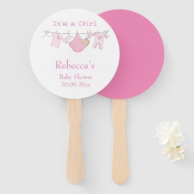Éventail C’est une jolie fille illustration Baby shower ros (Devant et derrière)