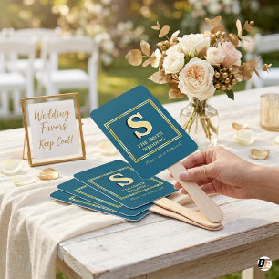Éventail Cadeau de Mariage Élégant Monogramme Or Bleu Sarce