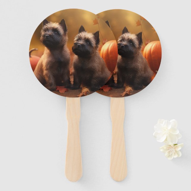 Éventail Cairn Terrier Chiot Automne Citrouille de plaisir (Devant et derrière)