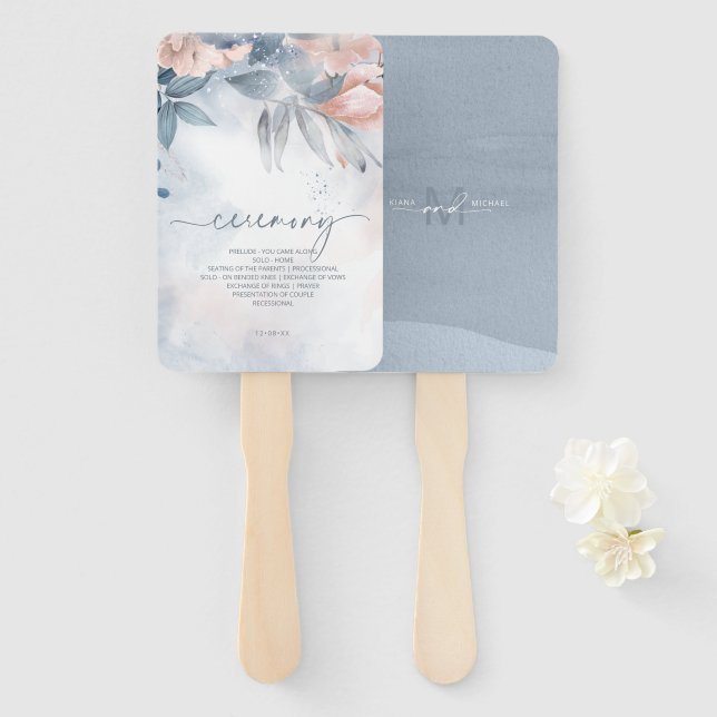 Éventail Calligraphie Floral Mariage Ceremony Blue ID771 (Devant et derrière)