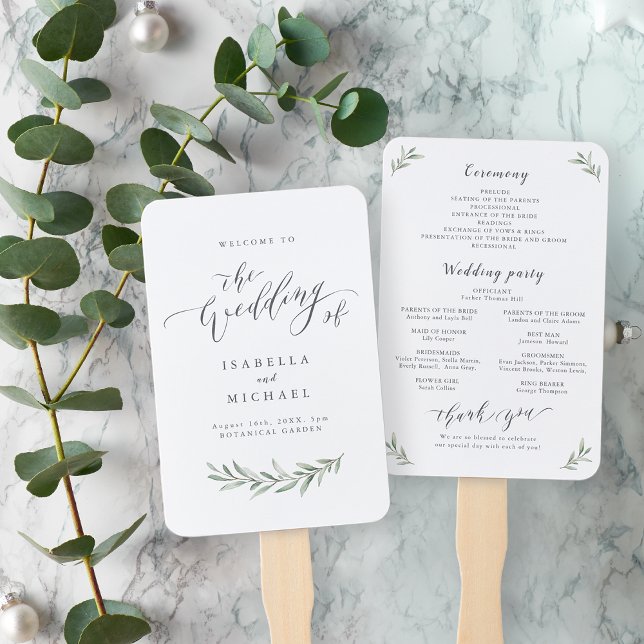 Éventail Calligraphie simple programme de mariage de verdur (Simple calligraphy rustic greenery wedding program hand fan)