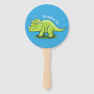 Éventail Caricature de dinosaure de triceratops vert mignon