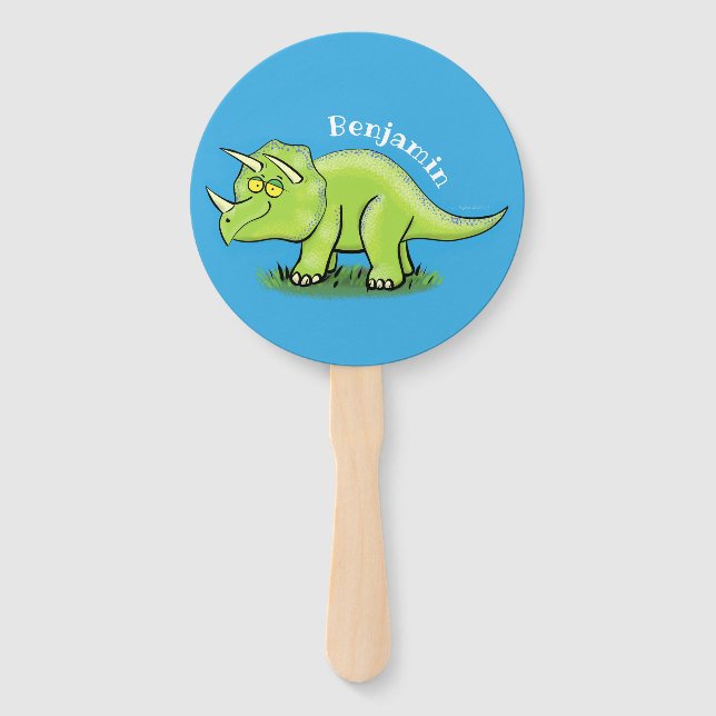 Éventail Caricature de dinosaure de triceratops vert mignon (Devant)
