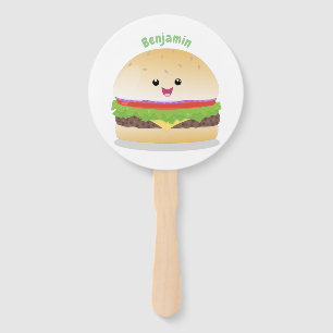 Éventail Caricature de hamburger kawaii joyeux