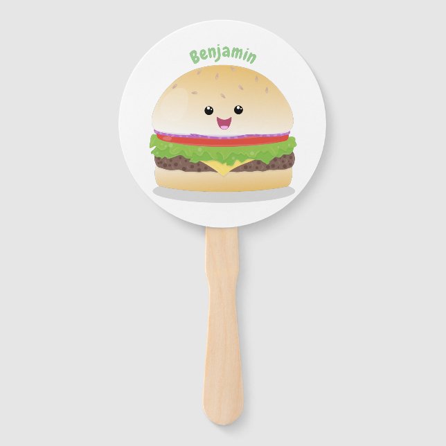 Éventail Caricature de hamburger kawaii joyeux (Devant)