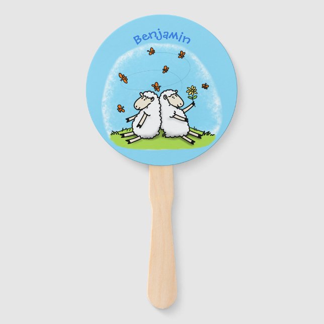Éventail Caricature de moutons mignons amis et papillons (Devant)