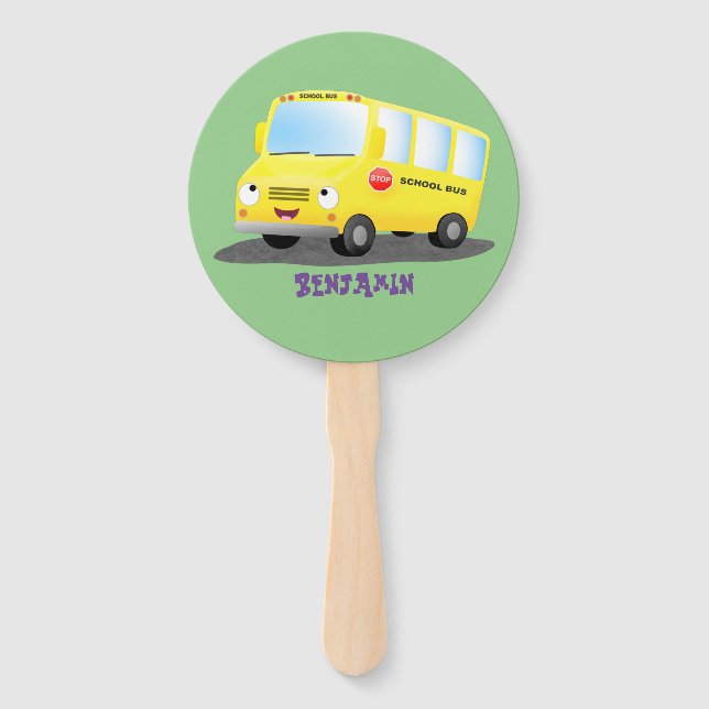 Éventail Caricature du bus scolaire jaune joyeux (Devant)