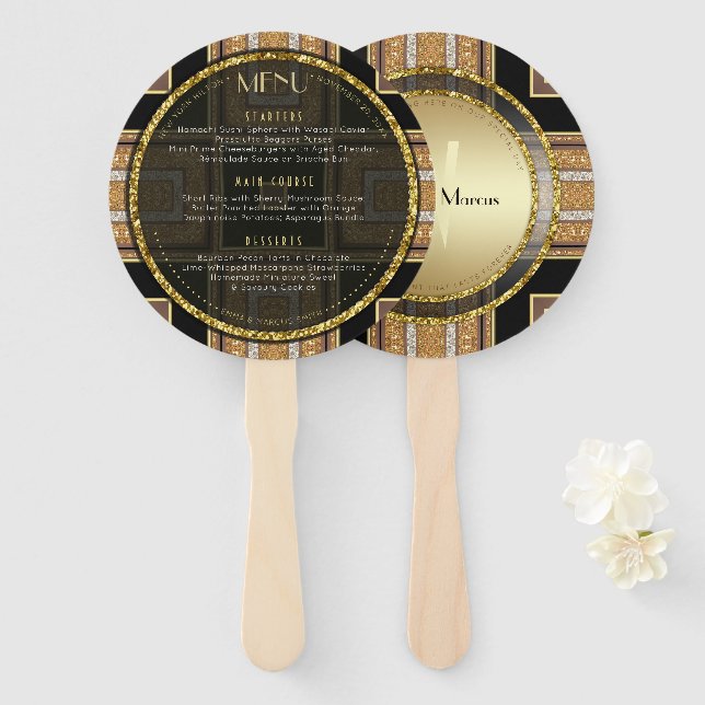 Éventail Carte de menu V1 Art Deco Gold Round Mariage (Devant et derrière)