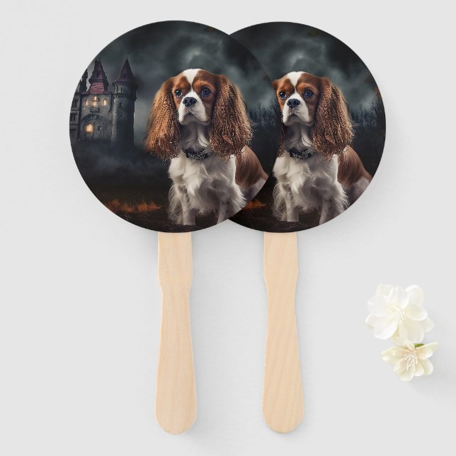 Éventail Cavalier King Charles Spaniel Halloween effrayant (Devant et derrière)