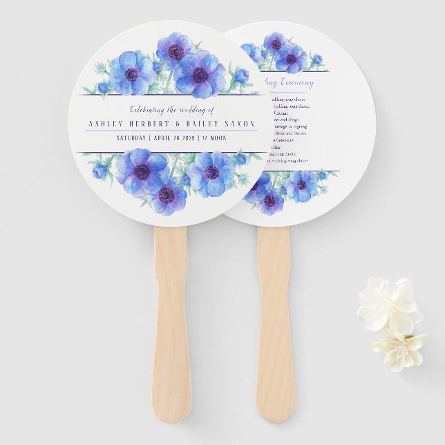 Éventail Cérémonie d'art de fleur d'anémone bleu mariages f (Devant et derrière)