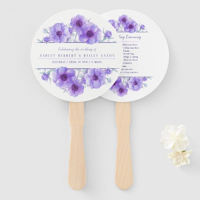 Éventail Cérémonie d'art de fleurs d'anémone violet mariage (Devant et derrière)