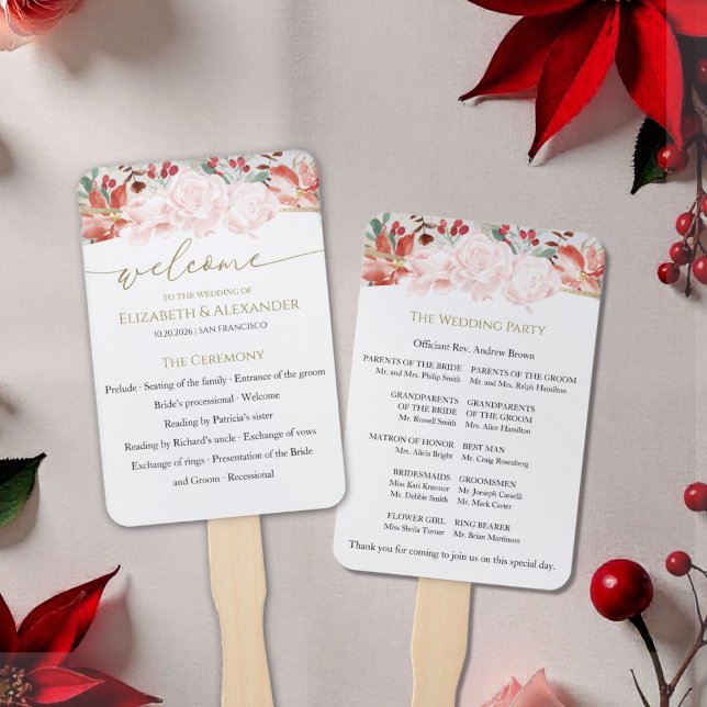 Éventail Cérémonie de mariage d'hiver Programme Floral doré (Créateur téléchargé)