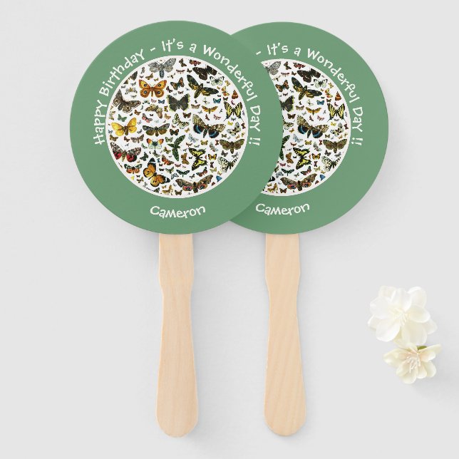 Éventail C'est un anniversaire papillon, collage d'objets p (Devant et derrière)