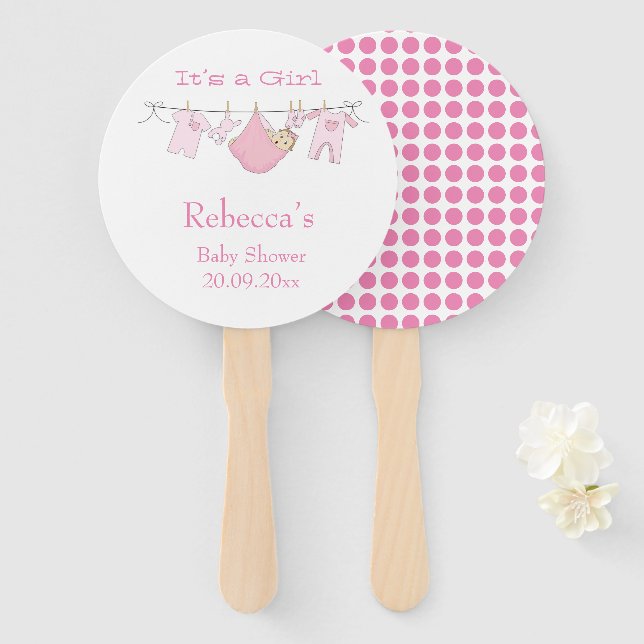 Éventail C'est un Baby shower Pois mignon et rose (Devant et derrière)